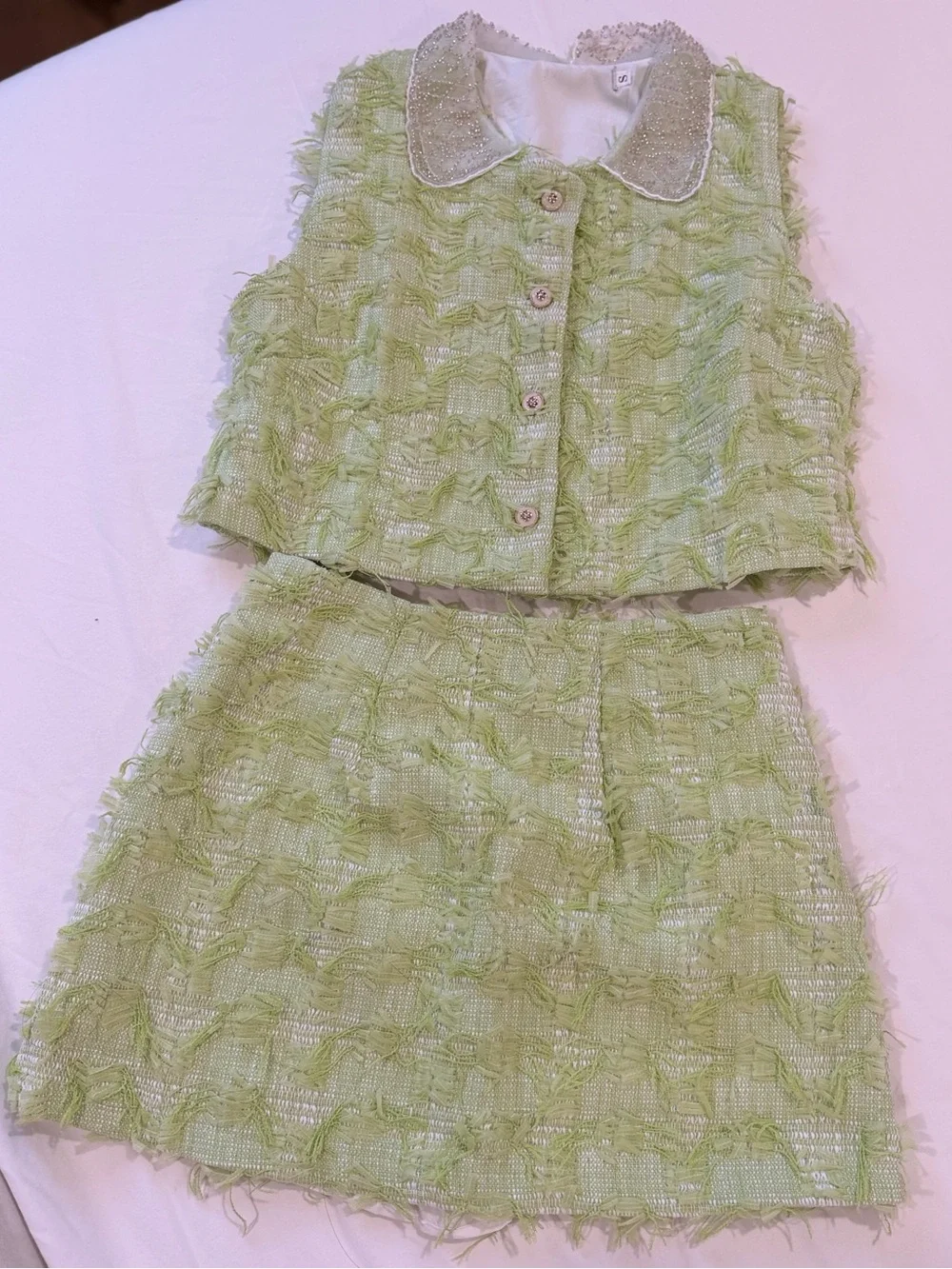 Pistachio Green Tweed Fringe Matching Set Peter Pan Collar Size S